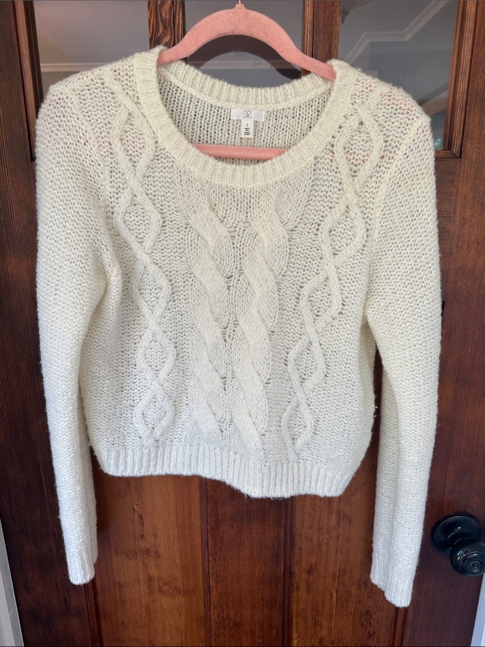 BP. Nordstrom Ivory Crop Cable Knit Wool Blend Sweater Large BP300281 Flawed